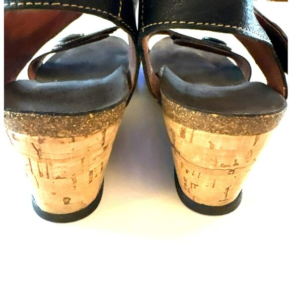 Taos Black Leather Carousel Wedge Sandals W/Cork Heel Size 38 US 8 - Picture 7 of 9